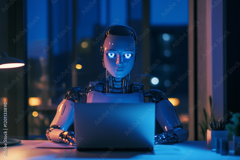 Poster futuristic humanoid robot sits in chair typing on laptop. robot working at home. collaboration betwe