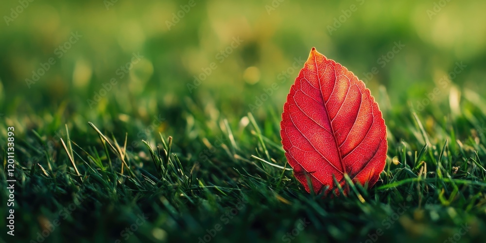 Poster red leaf on vibrant green grass in macro detail positioned centrally with smooth bokeh background fo