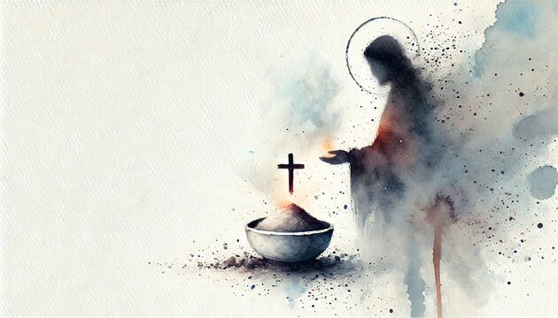 Ash Wednesday, copy space on a side, minimalist watercolor art style