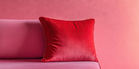 Red velvet cushion positioned on a soft pink sofa against a smooth pink backdrop creating a harmonious color balance and cozy ambiance.