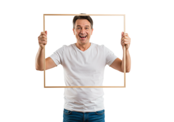 Happy Man Holding Wooden Frame Smiling Portrait Studio male photo image model black white jeans     