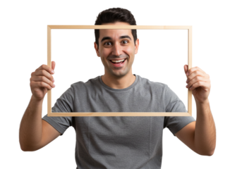 Happy Man Holding Wooden Frame Smiling Portrait Studio Male Face Model Black Image Photo Human      
