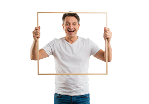 Happy Man Holding Wooden Frame Smiling Portrait Studio male photo image model black white jeans     