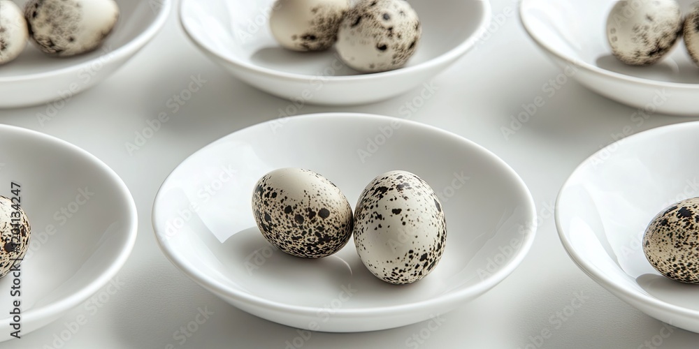 Poster quail eggs in various arrangements on white porcelain dishes with speckled patterns centered on a li