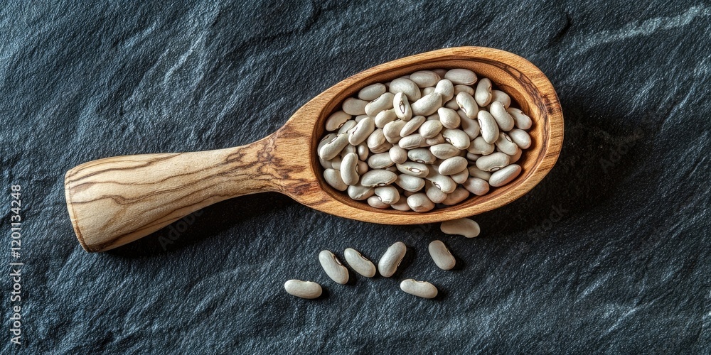 Poster wooden scoop filled with raw white beans on dark slate background with scattered beans surrounding i