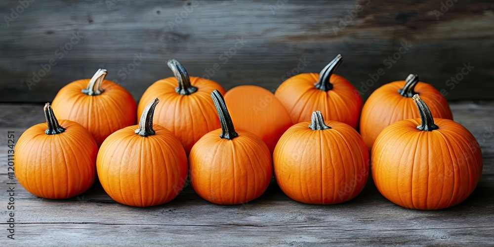 Poster orange pumpkins of various sizes neatly arranged in a row on a weathered wooden surface with ample n