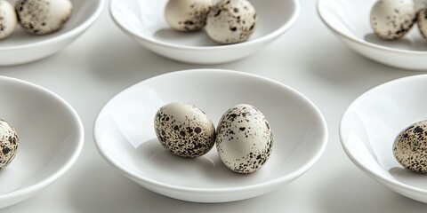 Obraz premium Quail eggs in various arrangements on white porcelain dishes with speckled patterns centered on a light background, creating a serene aesthetic.