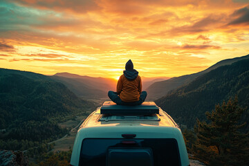 Man sitting on camper van and looking at scenic sunset over rolling hills during road trip. Solo traveler enjoying freedom and tranquility