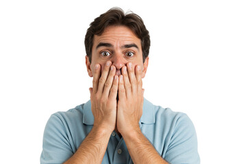 Shocked Man Covering Mouth Hands Surprised Expression Studio Portrait awe face fear male worry panic