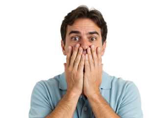 Shocked Man Covering Mouth Hands Surprised Expression Studio Portrait awe face fear male worry panic
