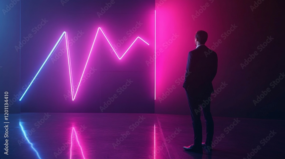 Poster man facing a neon graph in a dark space.