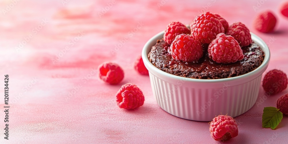 Poster delicious lava cake in white ramekin topped with fresh raspberries on a soft pink gradient backgroun