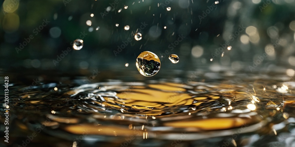 Poster close-up of a water droplet splashing into a textured surface creating ripples, with soft golden hig