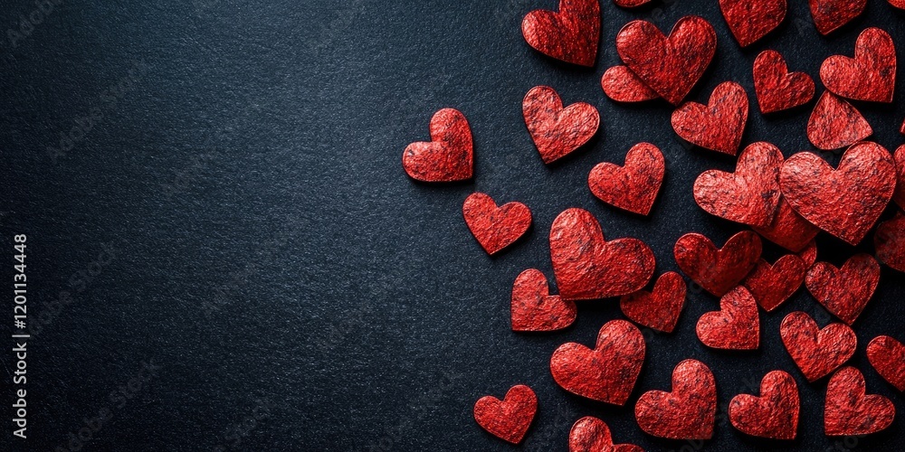 Poster red textured hearts scattered on the left over a black background creating a romantic st valentines 