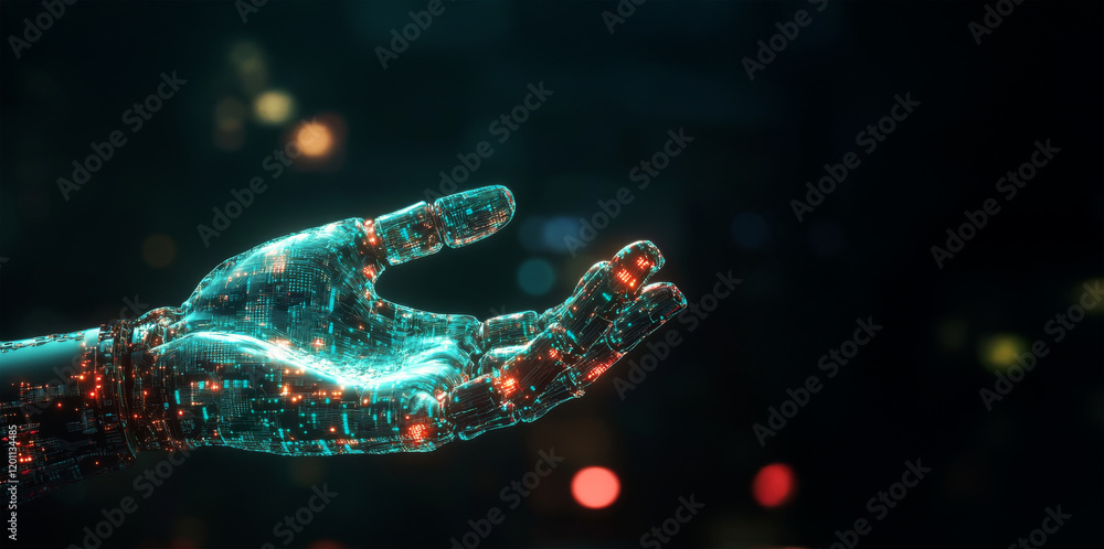 Poster close-up of high-tech robotic hand illuminated with glowing orange circuits. digital hand hologram o
