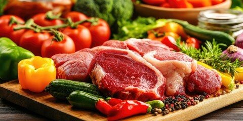 Fresh raw beef steaks on a wooden cutting board surrounded by vibrant vegetables including bell peppers, tomatoes, and herbs in the background.