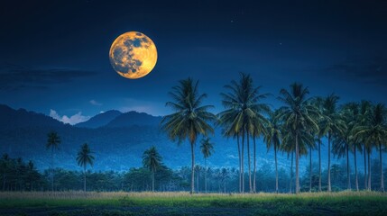 A full moon rising over a row of palm trees against a tropical night sky
