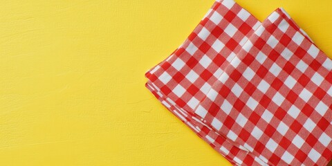 Fototapeta premium Red checkered napkins positioned diagonally on a bright yellow background create a vibrant summer theme with a minimalist aesthetic
