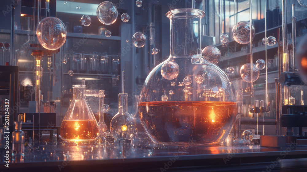Poster chemical laboratory design elements with flask and test tubes with colorful liquid and bubbles for s