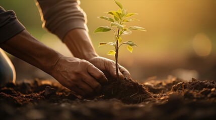A person planting a young tree in the soil during a warm, golden sunset.