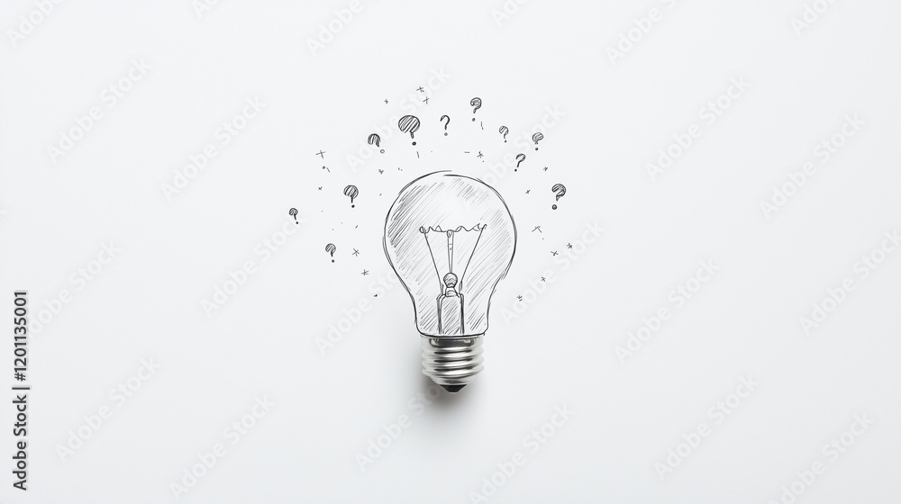 Poster illuminating ideas: a light bulb sketch with question marks surrounding it, symbolizing the spark of