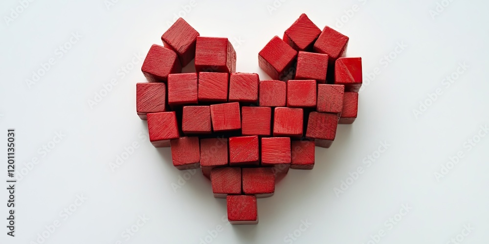 Poster red wooden blocks neatly arranged in a heart shape centered on a bright white background creating a 