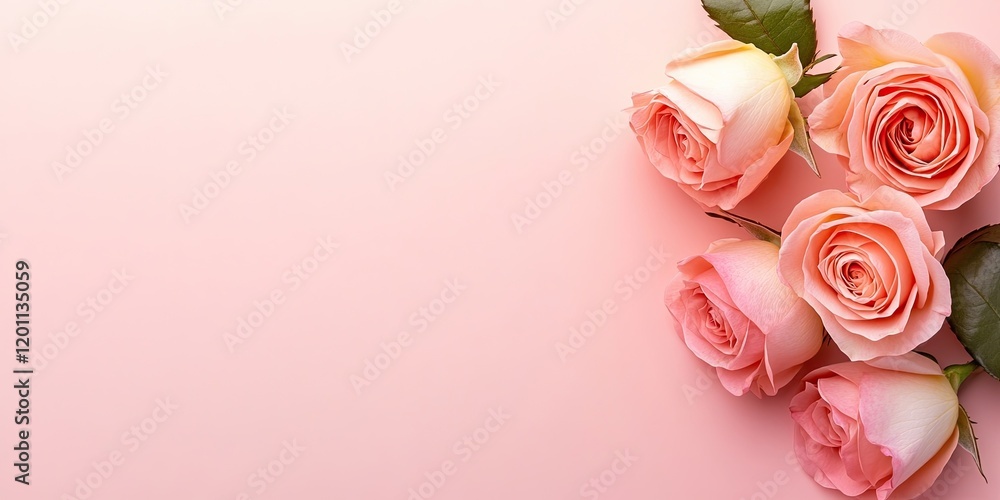 Poster pink roses arranged in the bottom left corner of a soft pastel pink background with ample negative s