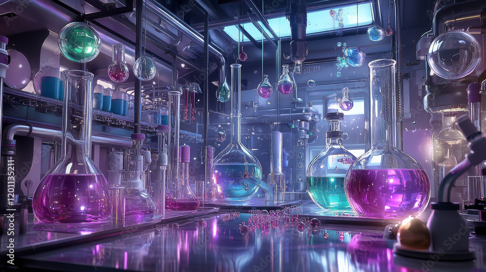 Poster chemical laboratory design elements with flask and test tubes with colorful liquid and bubbles for s