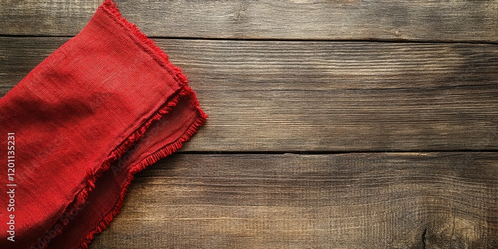 Poster red linen napkin draped on rustic wooden table with dark brown hues creating negative space for text