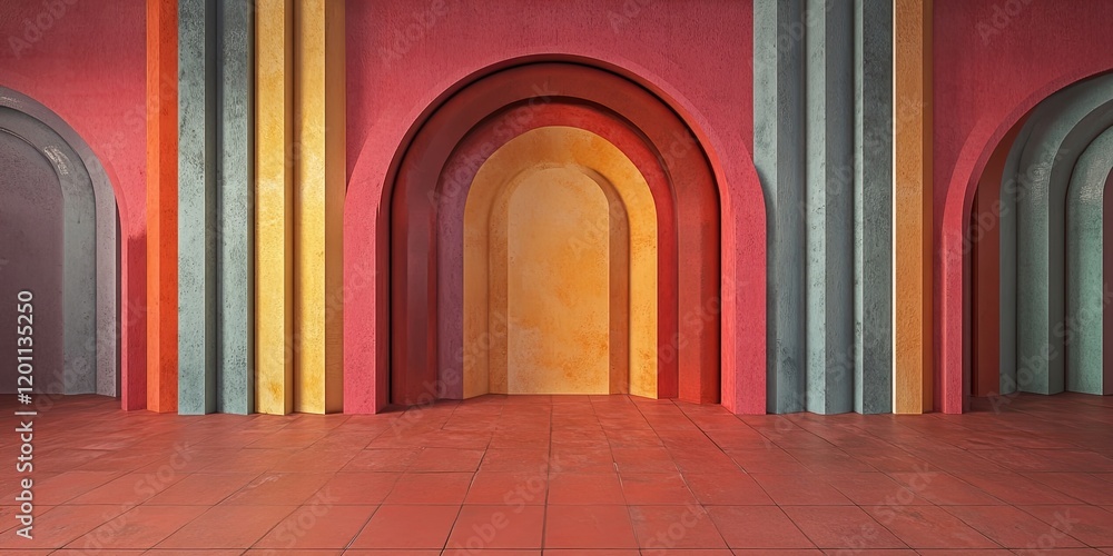Aufkleber vibrant retro backdrop featuring arched structures in shades of red, yellow, and blue with a tiled f