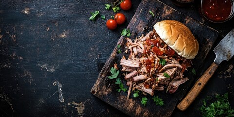 Pulled pork sandwich with smoked pork on a wooden cutting board surrounded by cherry tomatoes and parsley against a dark textured backdrop