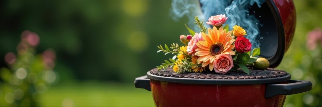 Vintage BBQ grill with a bouquet of flowers on top, floral, occasion, grill