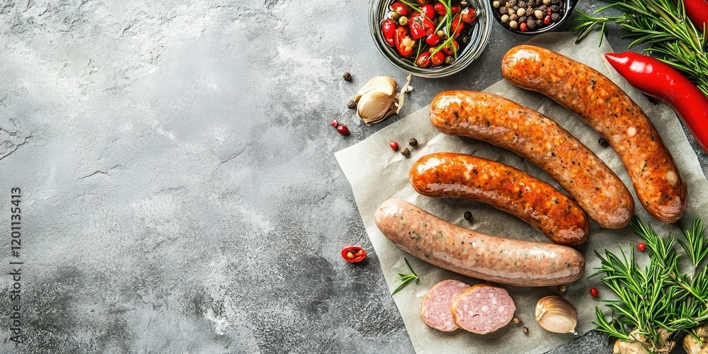 Poster raw sausages arranged on parchment paper with garlic and herbs on a gray stone surface top view with