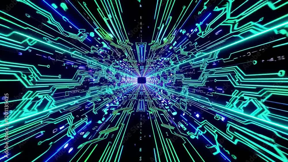 Poster visual journey through a digital world full of vibrant circuits and dynamic patterns created in an a