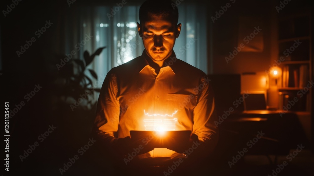 Poster man with illuminated tablet shows graph in dark.