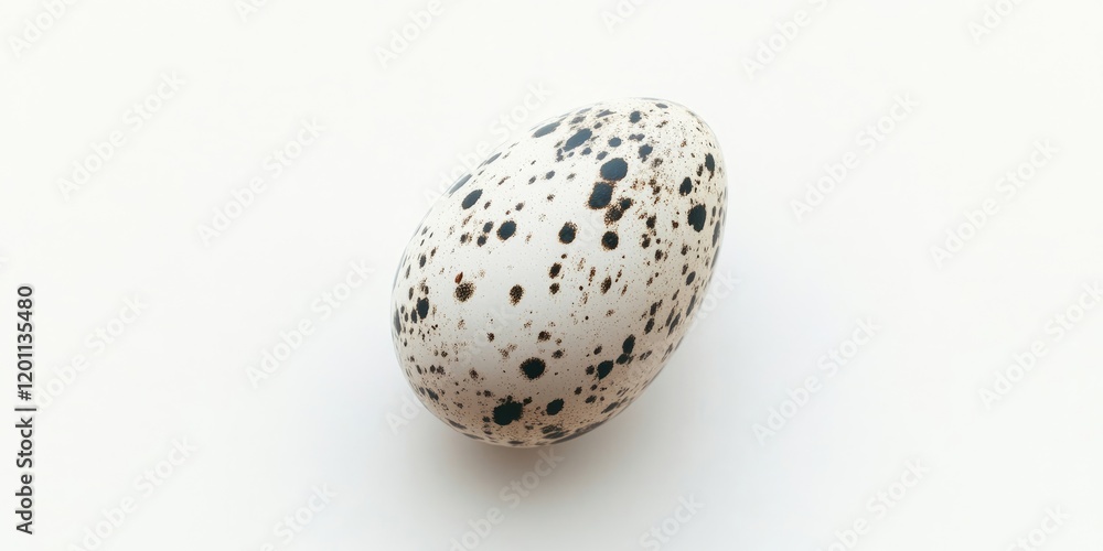 Poster quail egg with speckles on a soft white background, centered in the image with subtle shadows enhanc