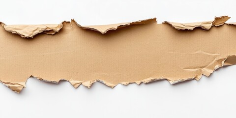 Fototapeta premium Ripped cardboard edge lying horizontally on a clean white background showcasing a textured brown surface with jagged edges and creases.