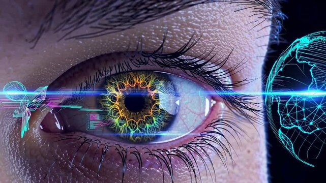 Exploring the intersection of technology and humanity through innovative eye imagery. FVX, HUD, FUI style.