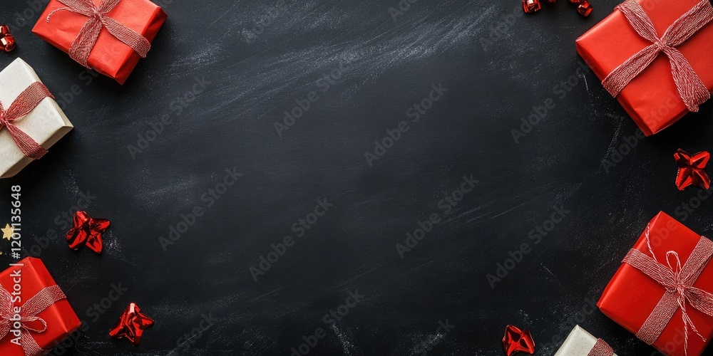 Poster top view of a black chalkboard with a festive arrangement of red and white gift boxes with bows and 