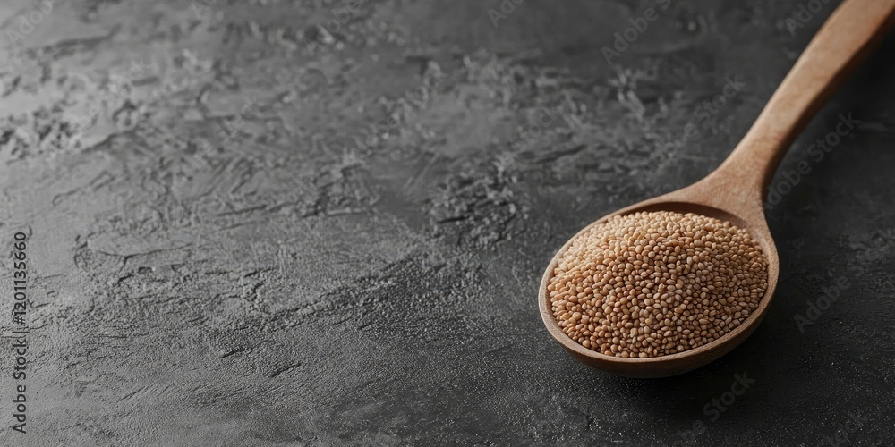 Poster close up of raw uncooked fonio seeds in a wooden spoon on a textured grey background with ample copy