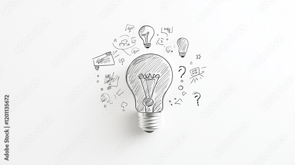 Poster illuminate your ideas: a hand-drawn sketch of a lightbulb surrounded by question marks and other sim