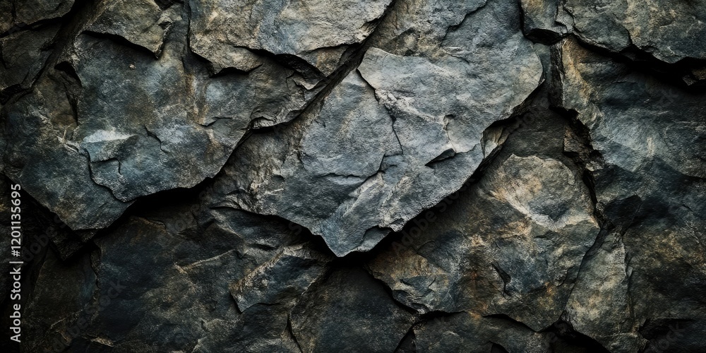 Poster dark rugged slate texture with jagged edges and deep crevices in shades of charcoal and gray, creati