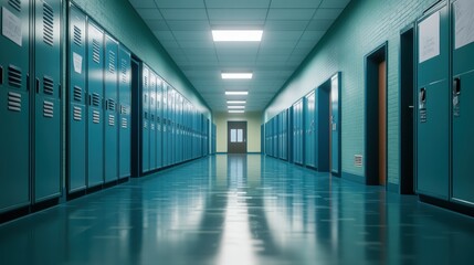 School hallway with turquoise lockers and shiny floor during midday