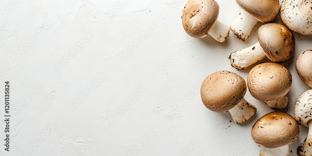 Poster fresh brown champignon mushrooms arranged in clusters on a textured white background with soft shado