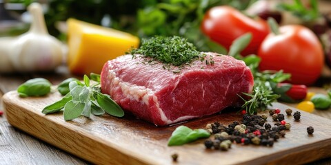 Fresh beef steak garnished with green herbs on a wooden cutting board, surrounded by colorful vegetables and spices, creating a vibrant culinary scene.