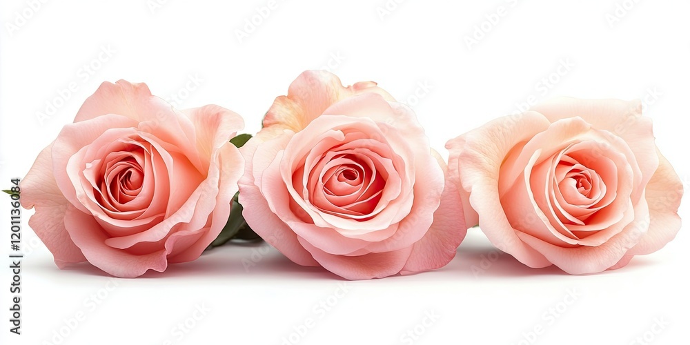 Poster soft pink roses arranged symmetrically on a bright white background creating a clean space for text 