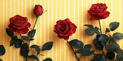 Vibrant red roses with green leaves arranged on a yellow striped background, providing space for personalized text or images to be added.
