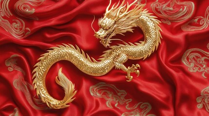 Fototapeta premium A golden dragon graphic in a dynamic pose, printed on a red card with swirling patterns. The card is placed on a silk fabric background, enhancing its luxurious and festive appeal.