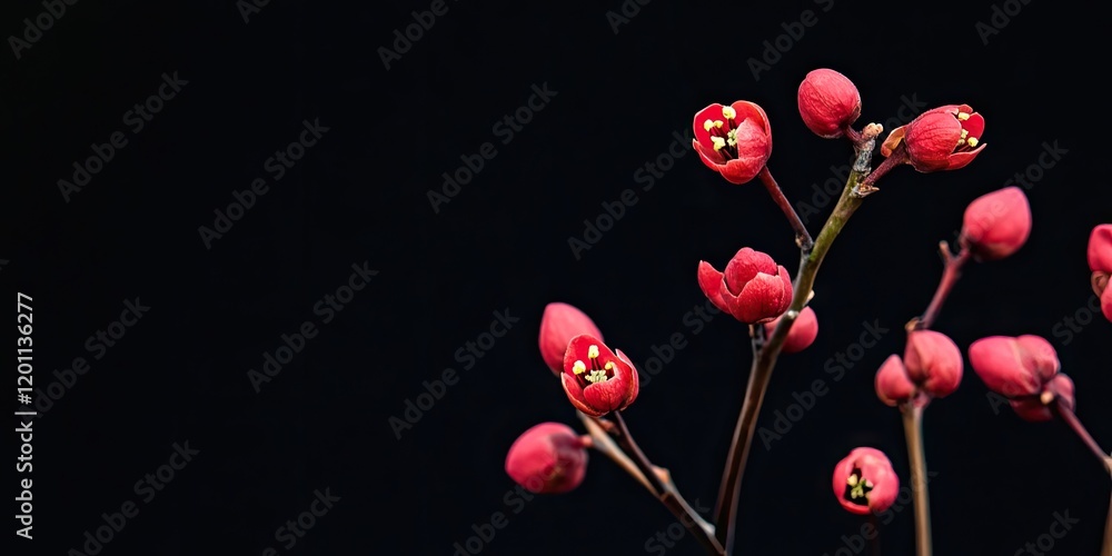 Poster vibrant red plant buds positioned to the right against a smooth black background with ample negative