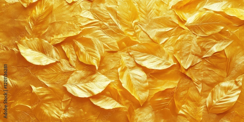 Poster vibrant golden leaf texture background with overlapping leaves in various shades of yellow creating 